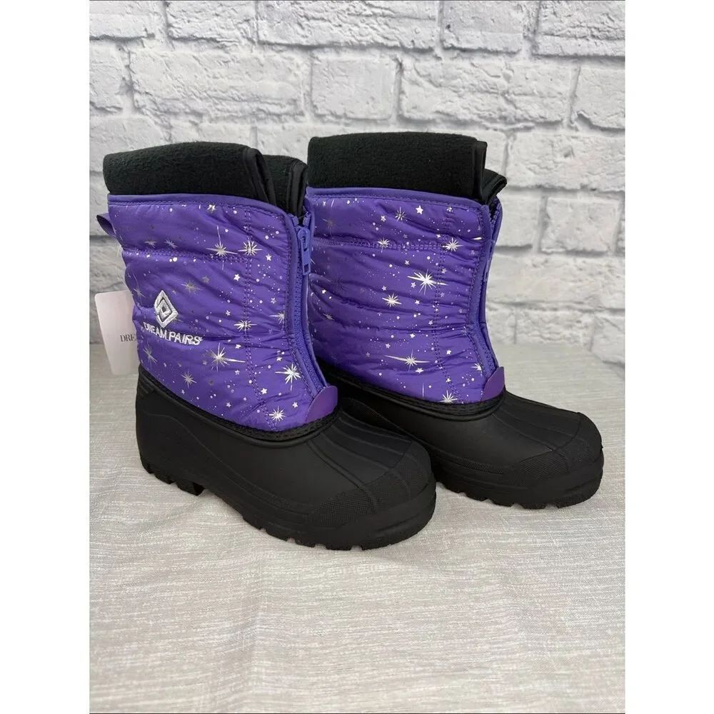 Dream Pairs Kids Waterproof Snow Boots Purple with Stars Kids Size 4